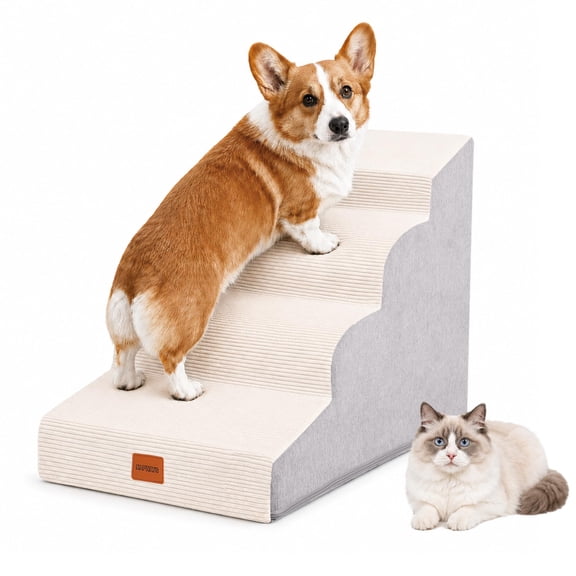 NAPWAYS Dog Stairs for Small Dogs,19.7" H,4-Step Curved Pet Ramp for Bed Couch Sofa and Chair,Non-Slip Pet Steps for Injured & Senior Pets with Washable Cover and Durable High Density Foam,Beige