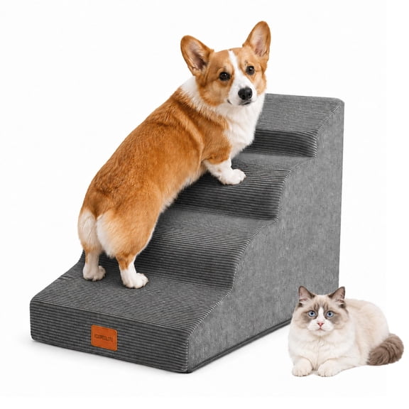 NAPWAYS Dog Stairs for Small Dogs and Cats, 19.7" H, 4-Step Curved Pet Ramp for Beds or Couches, Non-Slip Medium Pet Steps with High Density Foam, Grey