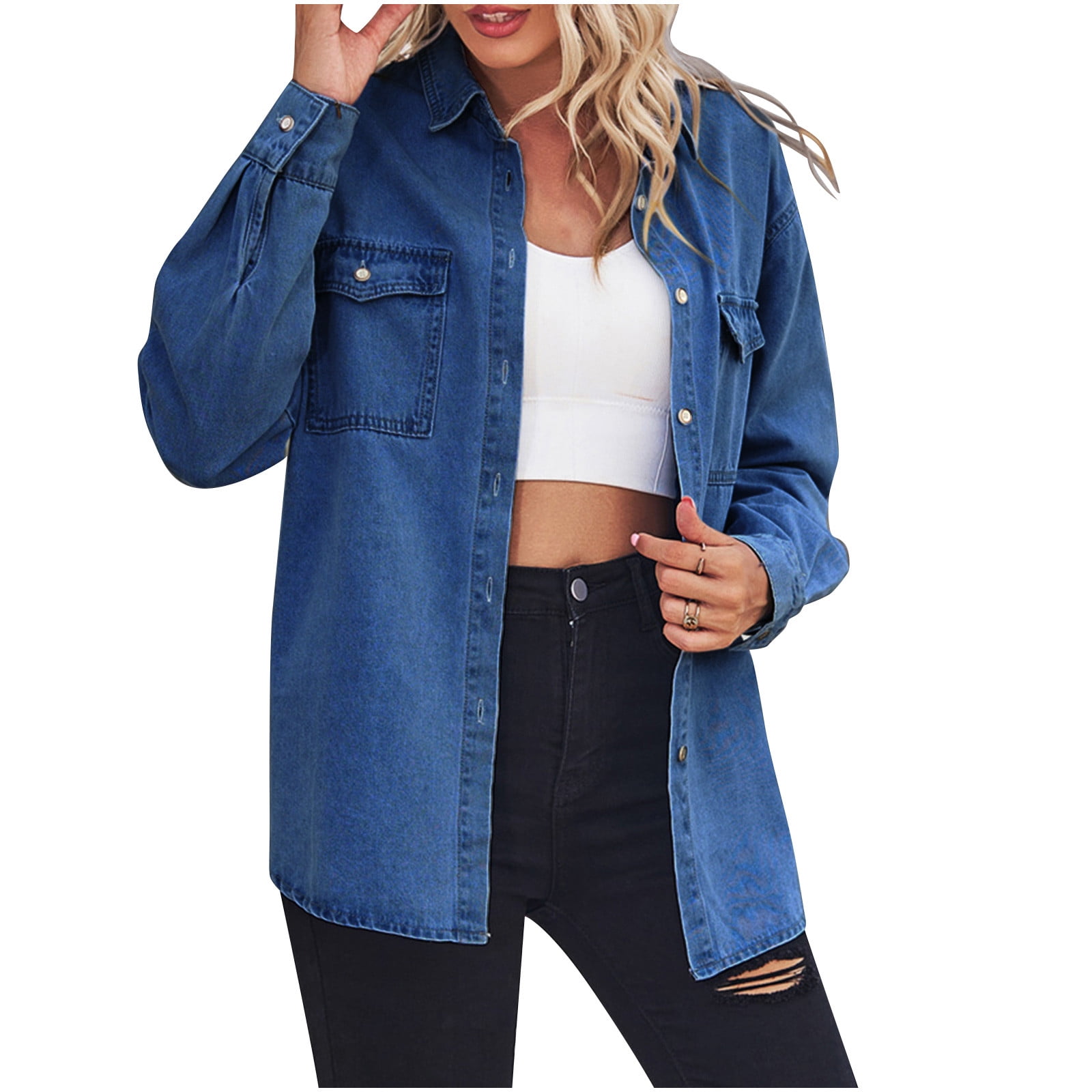 Fashion Loose Mid length Long Sleeved Denim Jacket Women