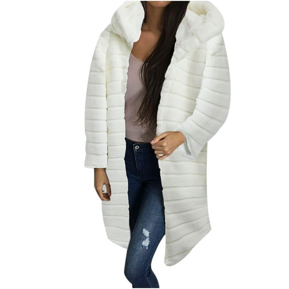 NARABB Women Warm Faux Coat Solid Color Furry Faux Jacket Long Sleeve Hood Outerwear Overcoat