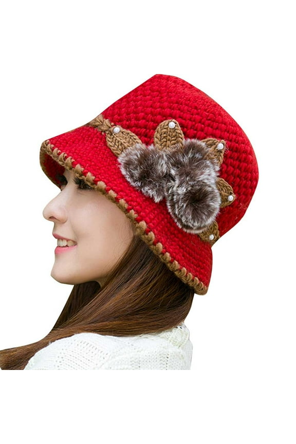 Women Winter/Spring Crochet Hat Warm Crochet Knitted Flowers Decoed Ears Hat RD