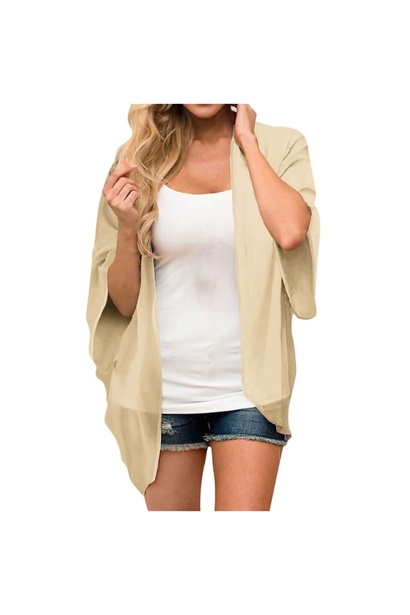 Women's Cardigan Coat Puff Sleeve Kimono Cardigan Loose Chiffon Cover Up Blouse Tops Ladies Loose Fit Jacket Khaki-XXXXL