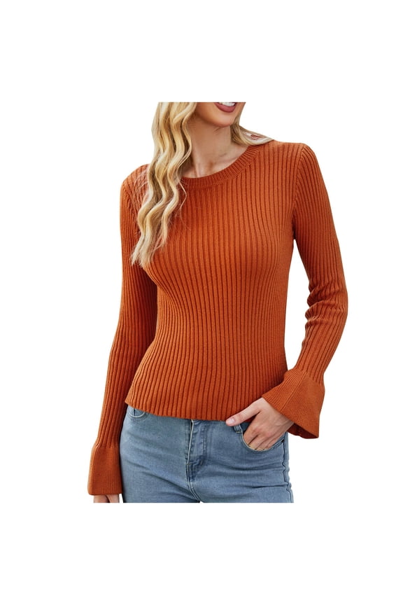 Women's Close-Fitting Sweater Wide Sleeves Solid Color Bottoming Long Sleeve Sweaters Knit Sweaters Round Neck Tops