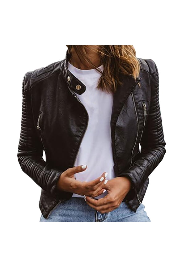 Women's LeatherJacket Cool Faux Leather Jacket Long Sleeve Zipper Fitted Coat Fall Short Jacket Black L