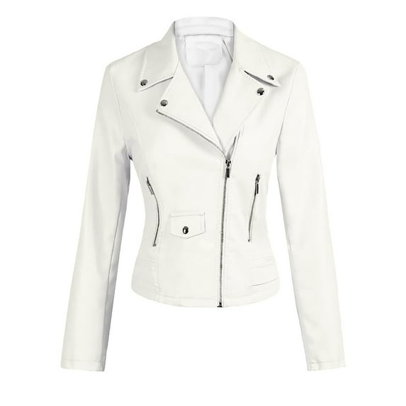 NARABB Women's LeatherJacket Leather Long Sleeved Short Lapel Jacket White XL