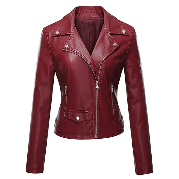 NARABB Women's LeatherJacket Leather Long Sleeved Short Lapel Jacket Wine XL
