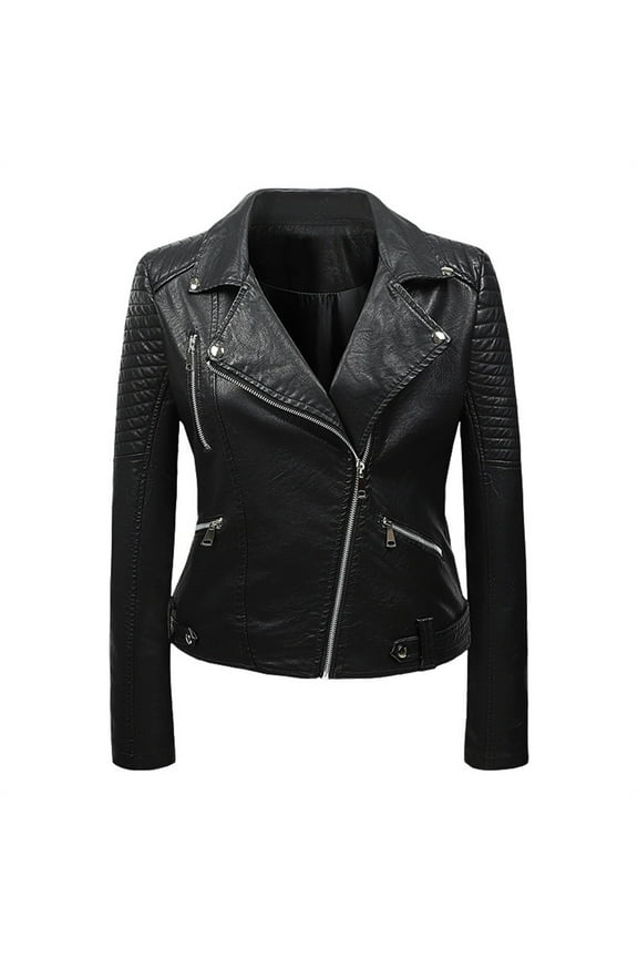 Women's LeatherJacket Leather Standing Collar Slim Fitting Motorcycle Jacket Leather Jacket Black XXL
