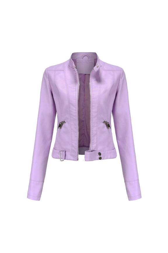 Women's LeatherJacket Slim Leather Stand Collar Zip Motorcycle Suit Belt Coat Jacket Tops Pink L