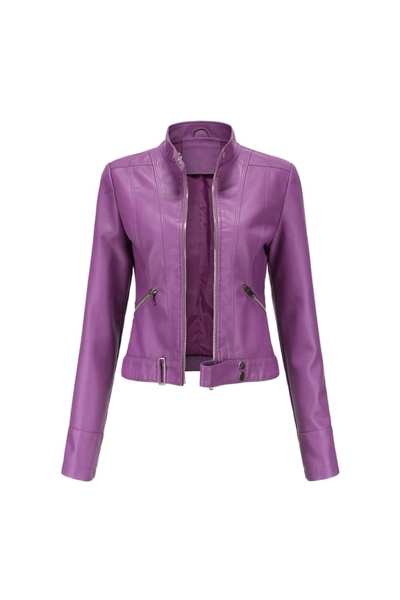 Women's LeatherJacket Slim Leather Stand Collar Zip Motorcycle Suit Belt Coat Jacket Tops Purple XL
