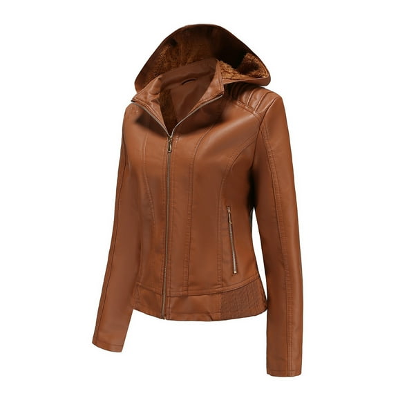 NARABB Women's LeatherJacket Womens Warm Long Sleeve Jacket Slim Winter Parkas Faux Leather Hoodless Brown L