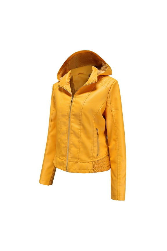 Women's LeatherJacket Womens Warm Long Sleeve Jacket Slim Winter Parkas Faux Leather Hoodless Yellow S