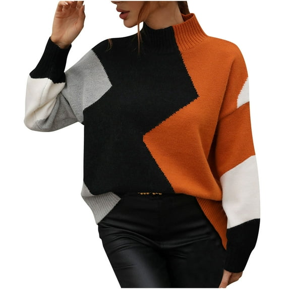 NARABB Women's Pullover Long Sleeve Knit Sweater Round Neck Color Matching Loose Tops Blouse Knitted Sweater Orange-M