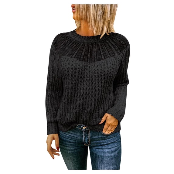 NARABB Women's Pullover Long Sleeve Knit Sweater Round Neck Lace Stitching Raglan Sweater Black-S