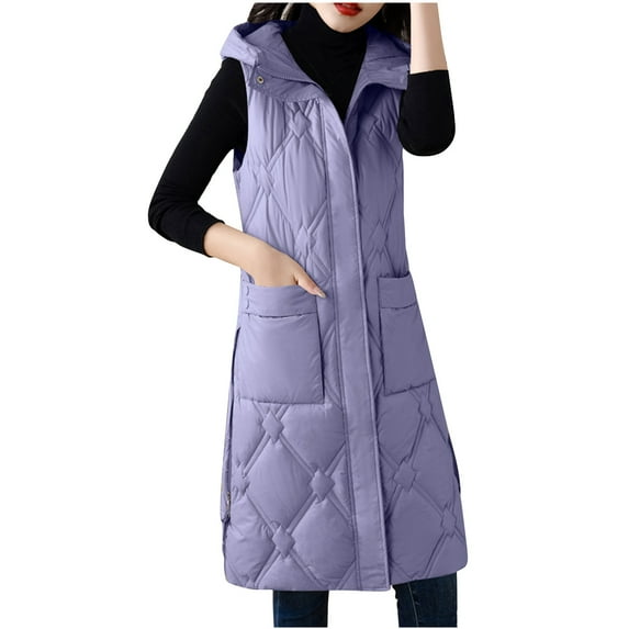 NARABB Women's Sleeveless Vest Jacket Warm Pocket Hooded Coat Long Jacket Winter Sleeveless Down Parkas Outdoor Warm Coat Purple-XXXL