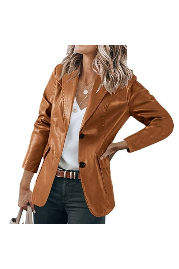 Women's Suit Blazers Lapel Collar Button Pocket Temperament Motorcycle Leather Jacket