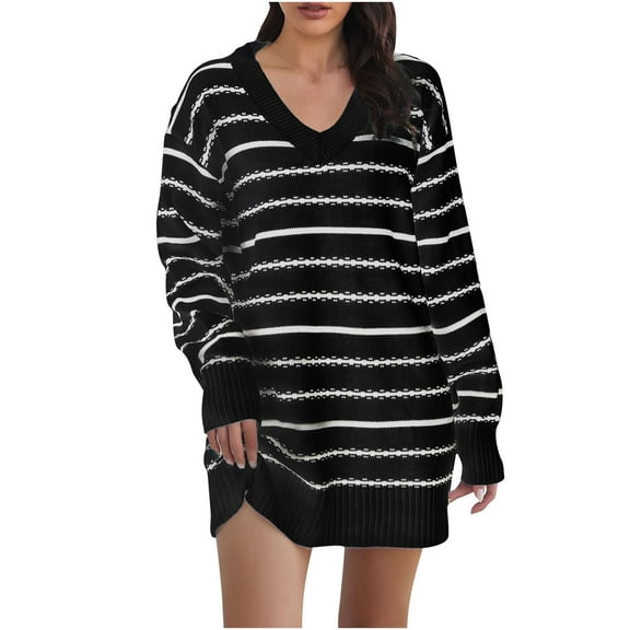 NARABB Women's Sweater Dress Knit Striped V-neck Drop Shoulder Long Sleeve Sweater Dress Loose Dress