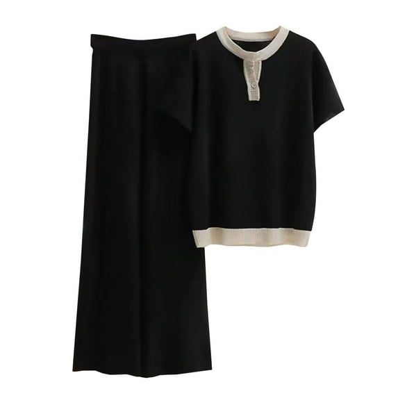 NARABB Women's Sweater Set Solid Color Short Sleeve Sweater Set Knit Top Long Pants Set Short Sleeve Round-Neck Set Loose Fiting Suit