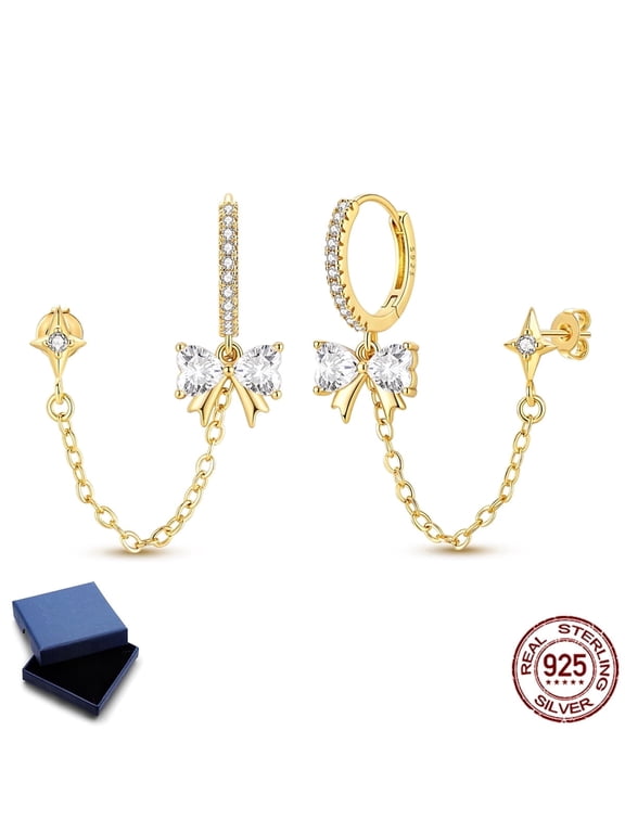 925 Sterling Silver Bow Starry Hoop Earrings for Women, Hypoallergenic Sparkling Cubic Zirconia Jewelry Dainty Gift with Box