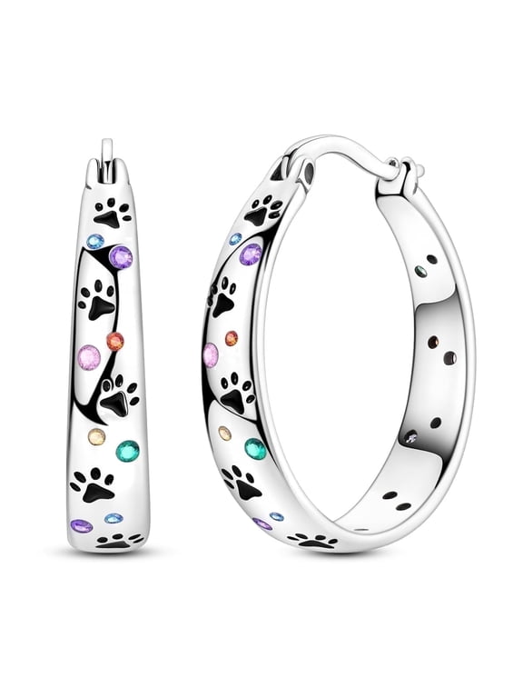 Silver Cute Enamel Pawprint 22mm Hoop Huggie Earrings, Colorful Cubic Zirconia Hypoallergenic Women's Jewelry Birthday Gift for Her with Box