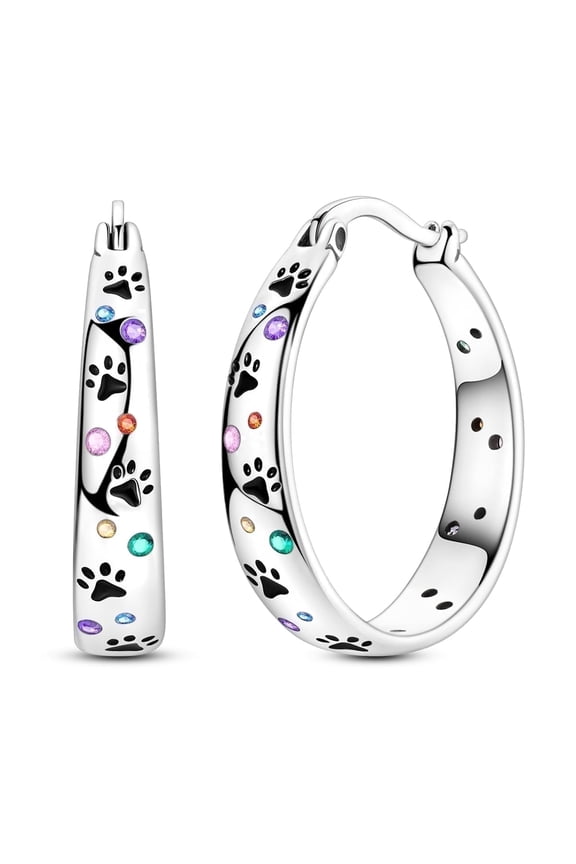 925 Sterling Silver Cute Enamel Pawprint 22mm Hoop Huggie Earrings, Colorful 5A Zircon Hypoallergenic Women's Jewelry Gift for Her with Box