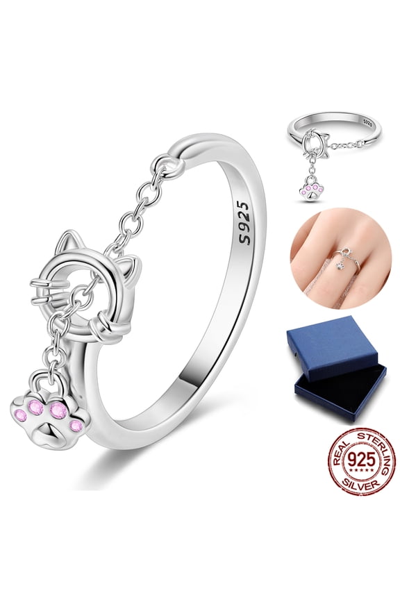 925 Sterling Silver Stackable Open Band Ring Pink 5A Zircon Paw Print Women Jewelry Gift for Her