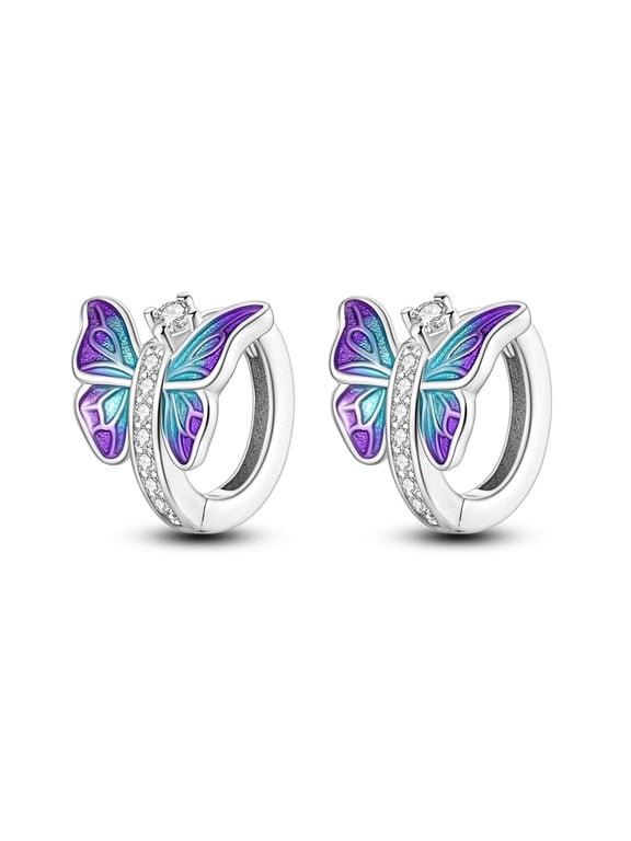 925 Sterling Silver Glazed Butterfly Hoop Huggie Earrings for Women, Hypoallergenic Sparkling Cubic Zirconia Jewelry Dainty Gift with Box