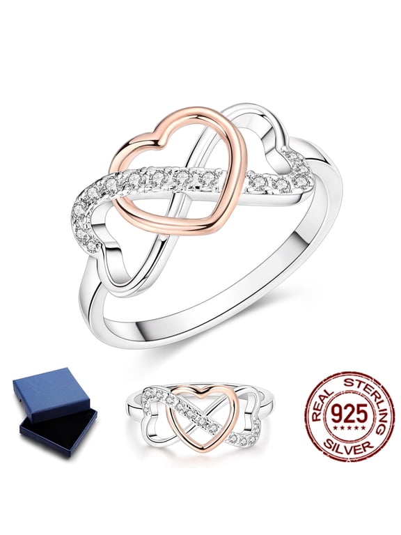 Romantic 925 Sterling Silver Filigree Ring for Women, Cubic Zirconia Infinite Love Heart , Hypoallergenic Jewelry Birthday Gift with Box Size 7