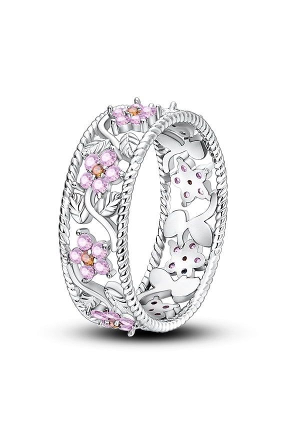 925 Sterling Silver Hollow Finger Ring 5A Zircon Pink Flowers for Women Jewelry Gift