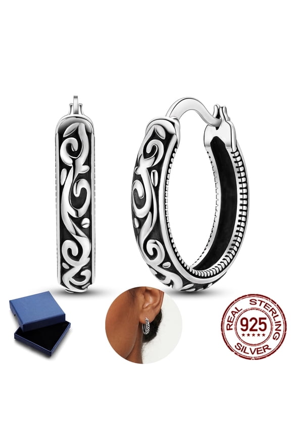 925 Sterling Silver Retro Curly Grass Pattern Huggie Hoop Earrings for Women, Hypoallergenic Jewelry Gift with Box