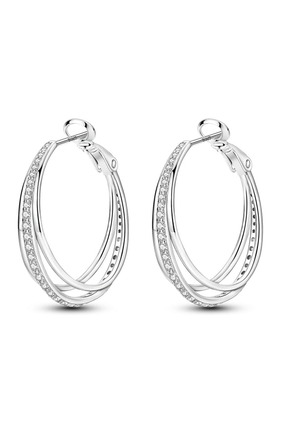 30mm 925 Sterling Silver Three Circles Huggie Hoop Earrings for Women, Hypoallergenic Sparkling 5A Zircon Jewelry Gift with Box