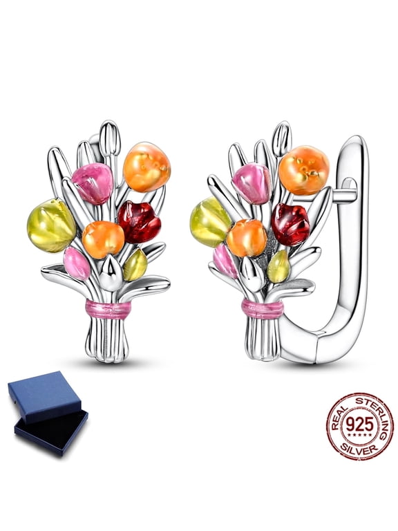 925 Sterling Silver Tulip Bouquet Hoop Huggie Earrings for Women, Hypoallergenic Sparkling Cubic Zirconia Jewelry Gift with Box