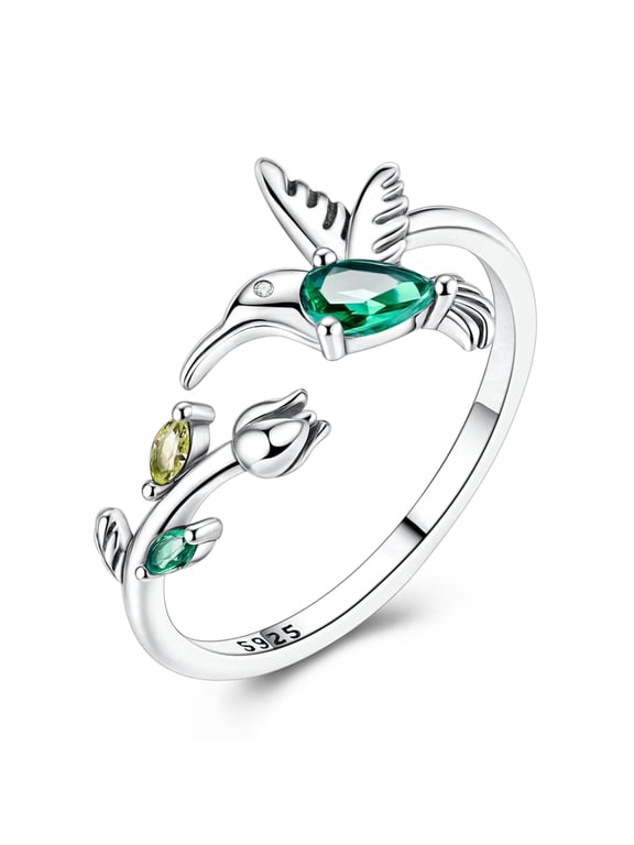Dainty Stackable Adjustable Band Silver Ring for Women, Cubic Zirconia Spring Tulip Hummingbird Hypoallergenic Birthday Jewelry Gift with Box