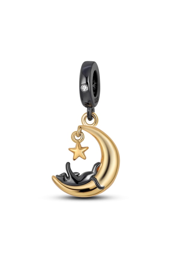 925 Sterling Silver Moon Black Cat Charm, Sparkling 5A Zircon DIY Fit European Bracelet Women's Jewelry Gift for Her