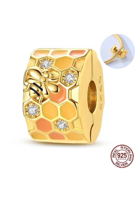 925 Sterling Silver Gold Plated Honeycomb Bee Clip Charm – Sparkling 5A Zircon Fit DIY Bracelet, Jewelry Gift for Her