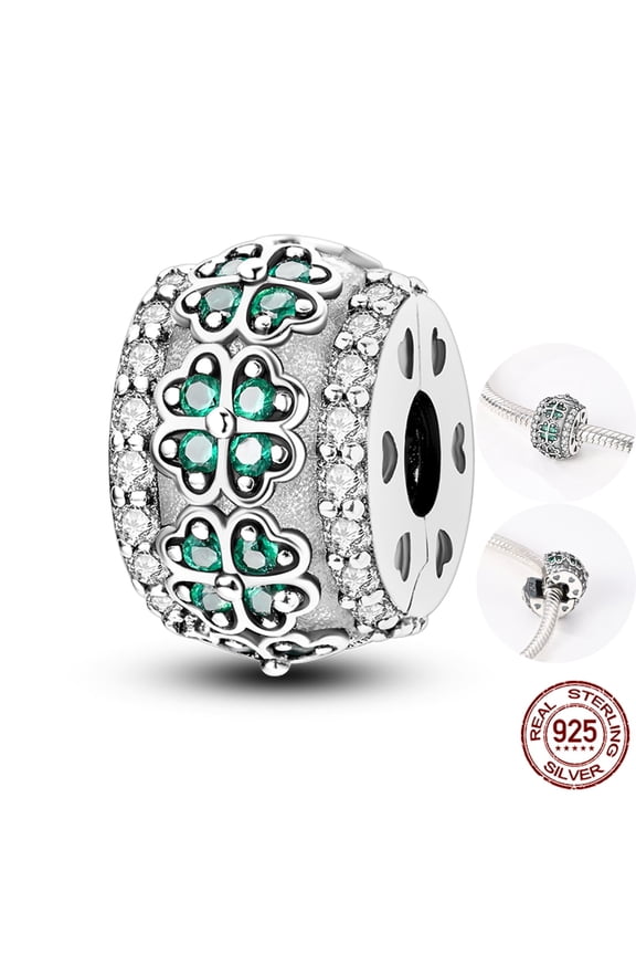 925 Sterling Silver Lucky Four-Leaf Clover Clip Charm, Cubic Zirconia DIY Fit European Bracelet Women's Jewelry Gift for Her