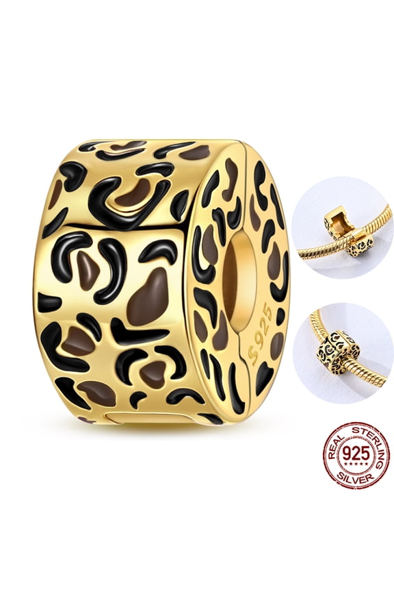 925 Sterling Silver Gold Plated Leopard Print Clip Charm DIY Fit European Bracelet for Women's Jewelry Gift for Her