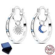 NARMO 925 Sterling Silver Star Moon Sun Huggie Hoop Earrings for Women, Hypoallergenic Blue AAA CZ Jewelry Gift with Box