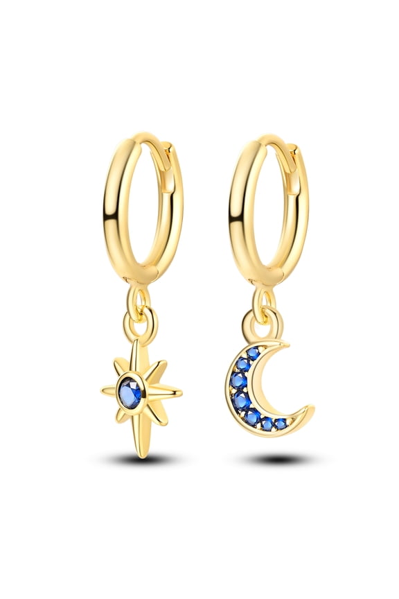 Original 925 Sterling Silver Hoop Earrings Moon Star Blue 5A Zircon Women Jewelry