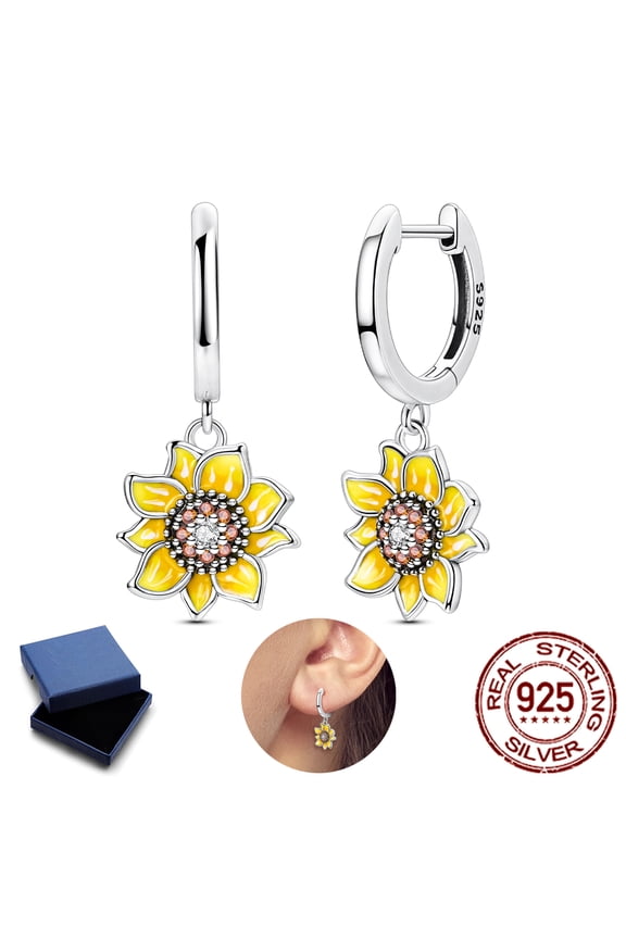 Original 925 Sterling Silver Yellow Sunflower Hoop Earrings Sparkling 5A Zircon Women Jewelry Gifts for Her
