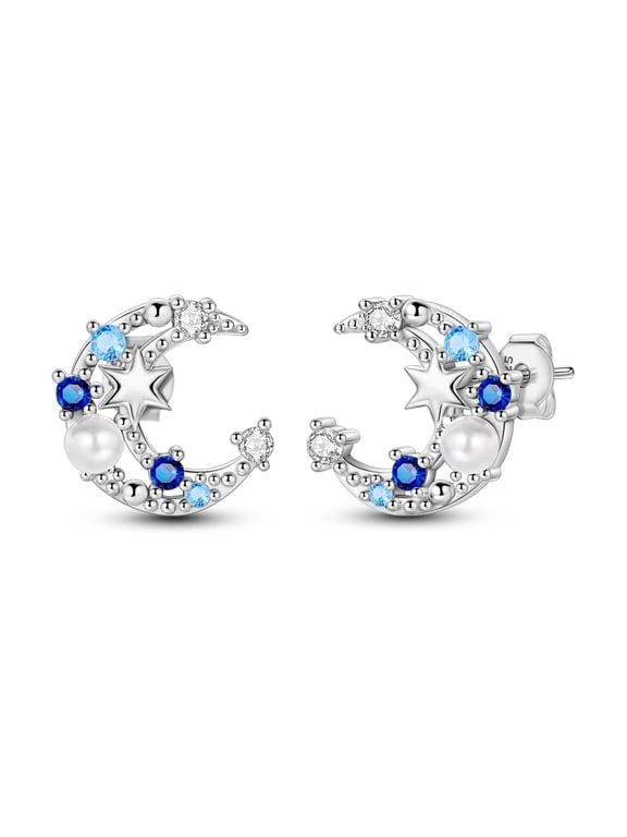 Original Blue Star and Moon Silver Stud Earrings AAA CZ for Women Jewelry Gift