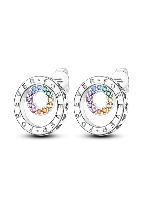 Original Women Forever Double Ring 925 Sterling Silver Stud Earrings 5A Zircon Jewelry Gift