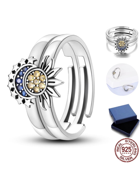 Romantic Silver Adjustable Band Ring for Women, Sparkling Cubic Zirconia Stackable Sun Moon Hypoallergenic Birthday Jewelry Gift with Box
