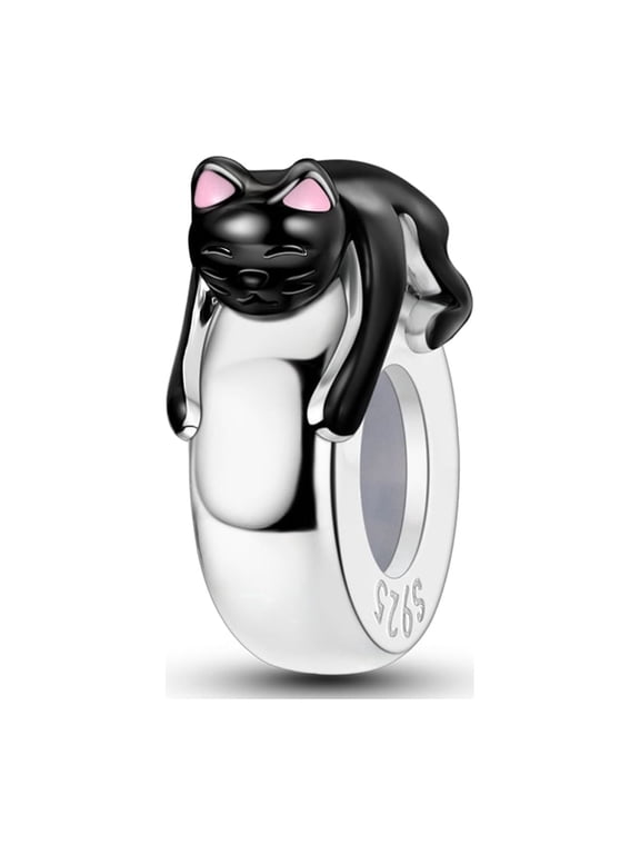 Silver Black Cat Rubber Stopper Charm, Enamel DIY Fit European Bracelet Women's Jewelry Gift for Her