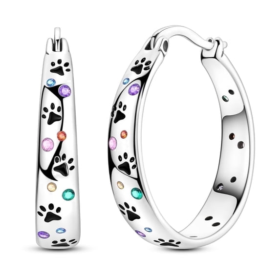 NARMO Silver Cute Enamel Pawprint 22mm Hoop Huggie Earrings, Colorful Cubic Zirconia Hypoallergenic Women's Jewelry Birthday Christmas Gift for Her with Box