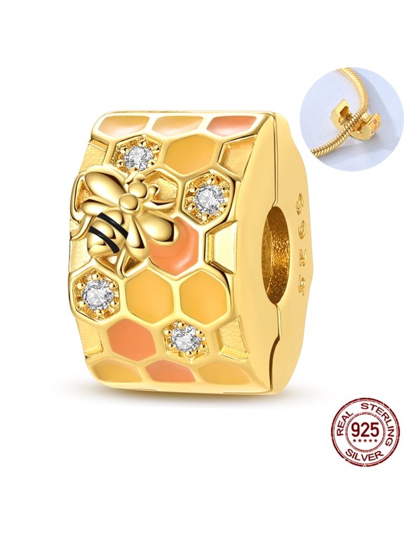 Silver Gold Plated Honeycomb Bee Clip Charm – Sparkling Cubic Zirconia Fit DIY Bracelet, Jewelry Gift for Her