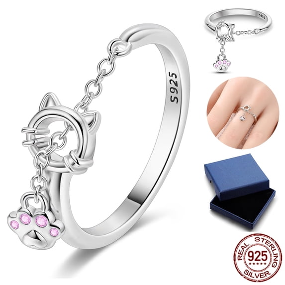 NARMO Silver Stackable Open Band Ring Pink AAA CZ Paw Print Women Jewelry Gift for Her