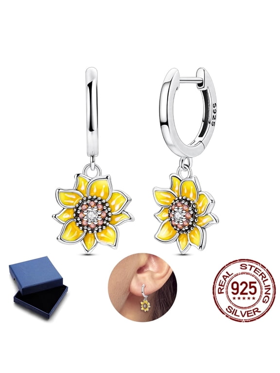 Silver Yellow Sunflower Huggie Hoop Earrings for Women, Hypoallergenic Sparkling AAA CZ Jewelry Gift with Box