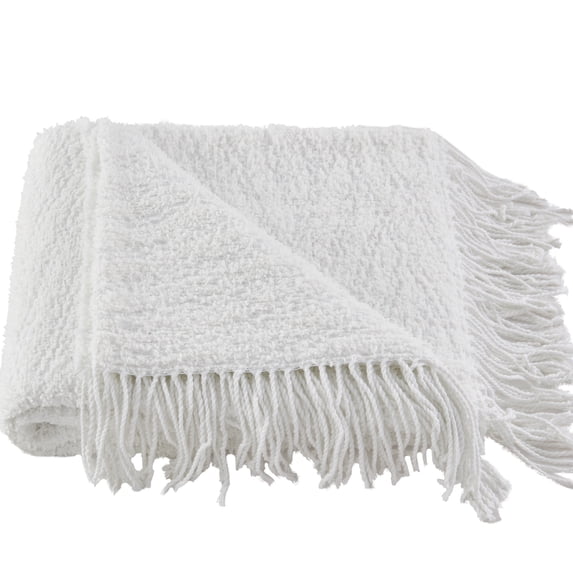 NARNIAR Solid White Jacquard Textured Decorative Throw with Fringes 50x60"
