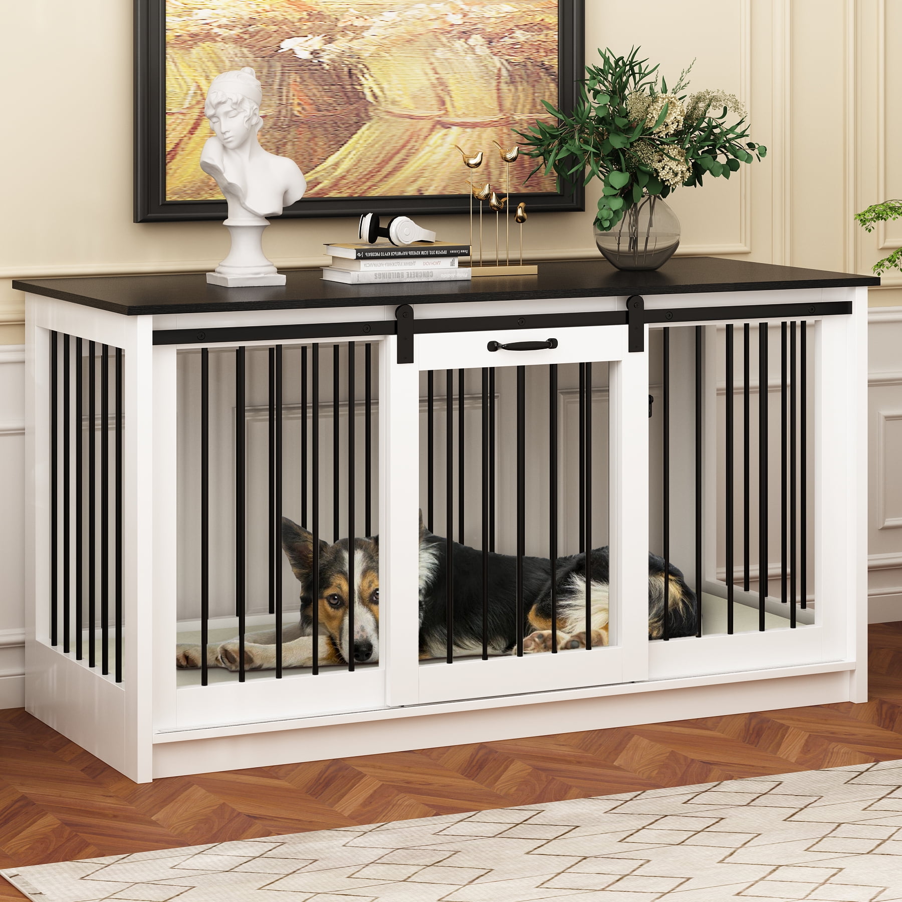 NARTRU 55.1" Dog Crate Kennel Cage Furniture with Sliding Door for Small, Medium and Large Dog, White