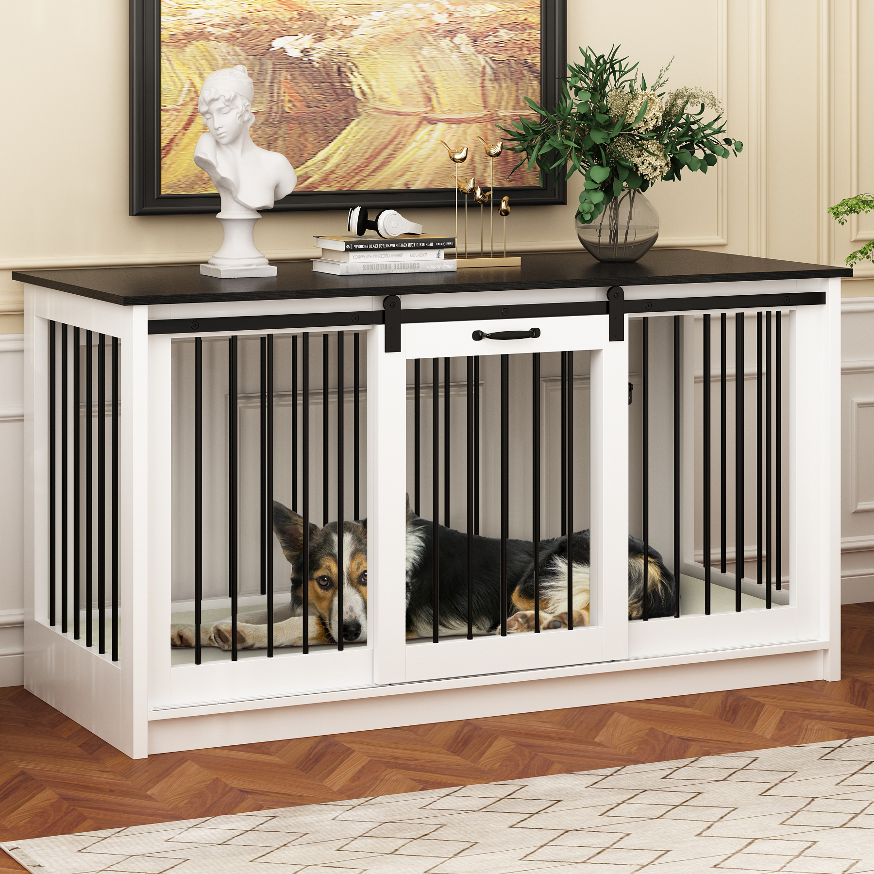 Barn Door Pet Crate End Table with Sliding Door for Dogs, Cats (White
